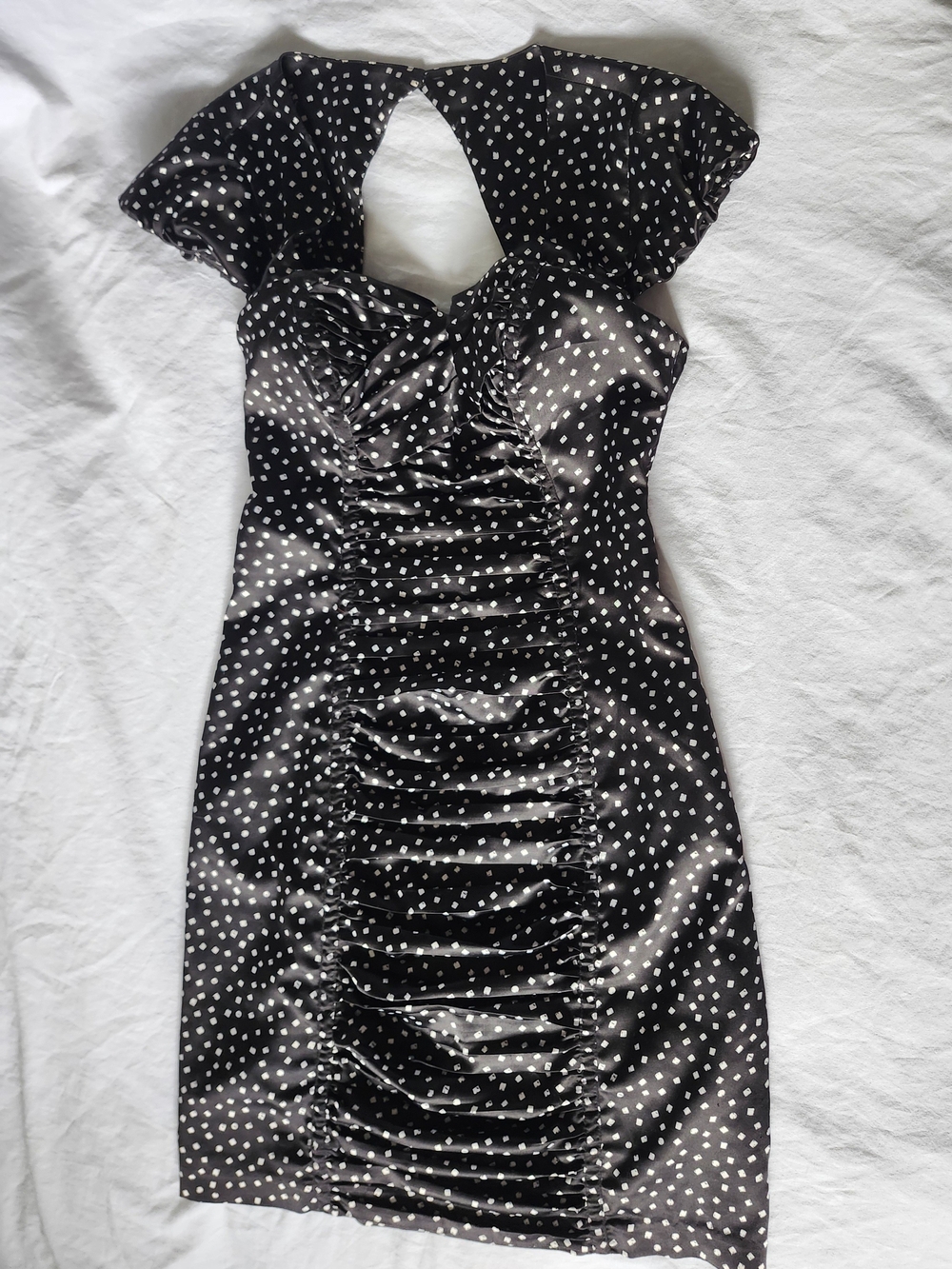 Vintage Guess Black and White Polka Dot Satin Ruched Dress